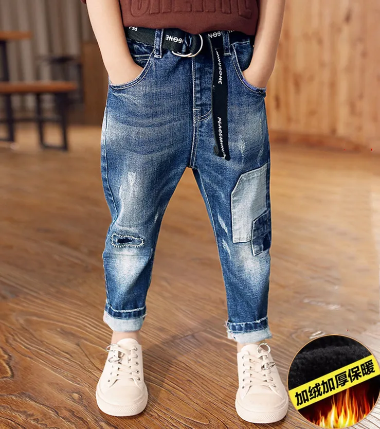 TK2201 blue warm Kids Jeans for Boys Fashion Splice Denim Trousers Children Broken Hole Jeans Autumn Winter Casual Costume Wear Long Pants - Цвет: TK2201 blue warm