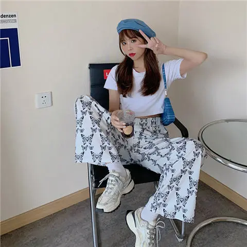 

2021 spring and autumn new wide leg casual pants women's elastic waist loose high waist straight hip hop butterfly thin pants