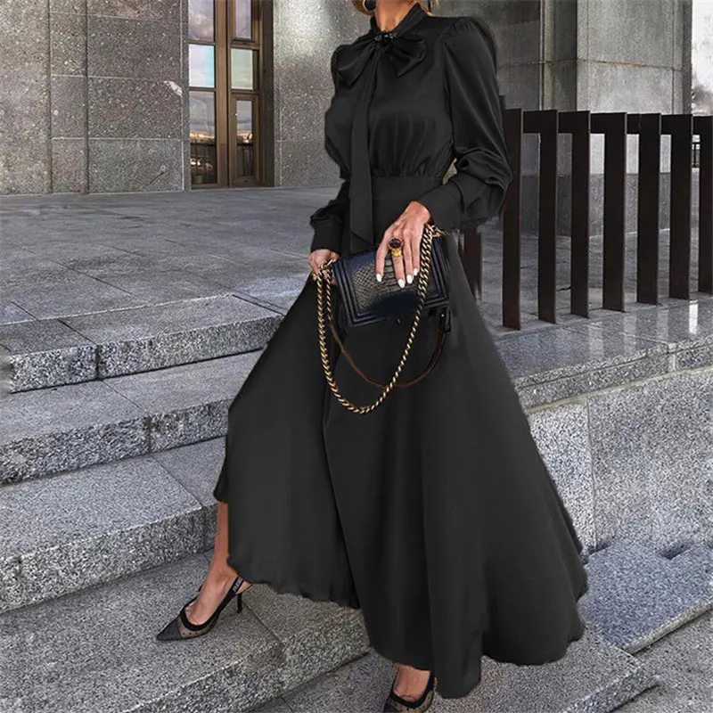 

2021 New Fashion Elegant Women's Party Dresses Long Sleeve Temperament Dress Women Solid Color Butterfly Collar Long Dress