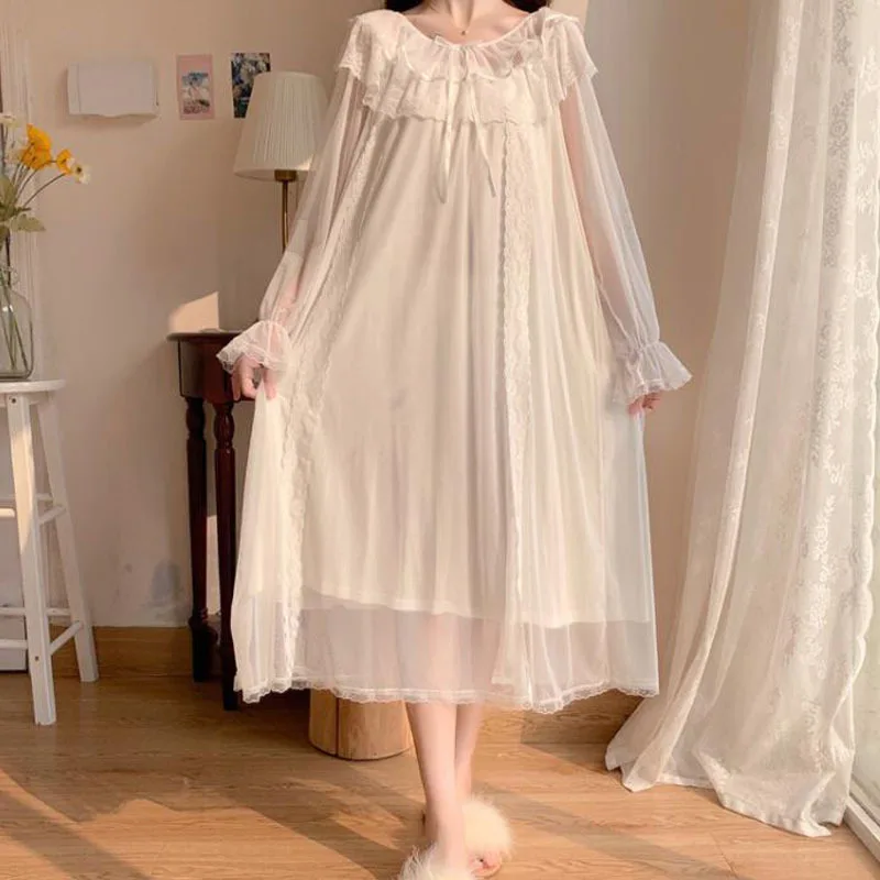 

Long Sleepwear Vintage Ruffles Nighty Patchwork Lace Sexy Women Nightgowns Romantic Lingerie Slash-neck Lolita Homewear Suit