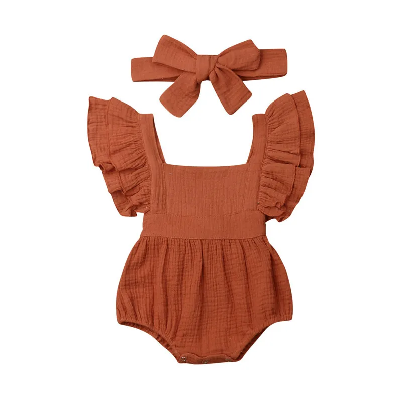 

Newborn Baby Girl Boy Summer Clothes Ruffle Romper Jumpsuit Fly Sleeve Cotton Lace Up One Pieces Outfit Headband