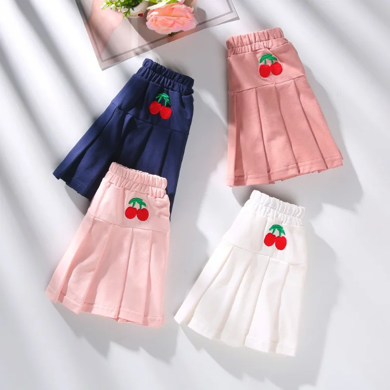 

Летние Плиссированные Юбки для девочек, детская юбка с вышивкой вишни, хлопковая детская пачка, детские костюмы принцессы на День Благодаре...