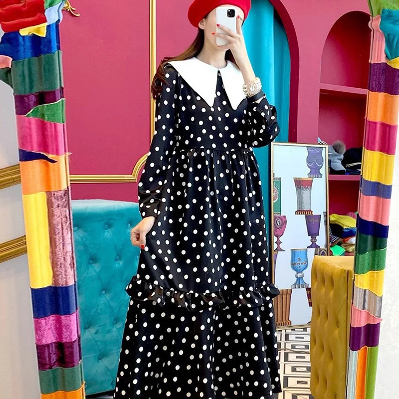 

Женское длинное платье в горошек, элегантное свободное платье в Корейском стиле с отложным воротником и деревянными вставками, с высокой та...