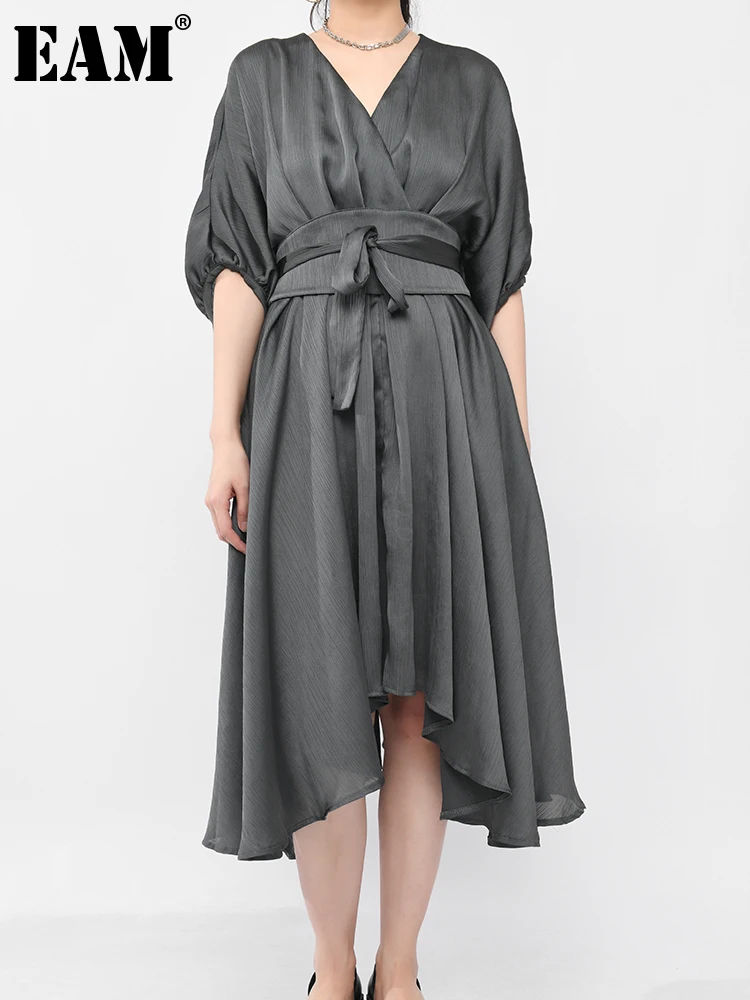 

[EAM] Women Gray Bandage Elegant Chiffon Dress New V-Neck Three-quarter Sleeve Loose Fashion Tide Spring Summer 2021 1W51202