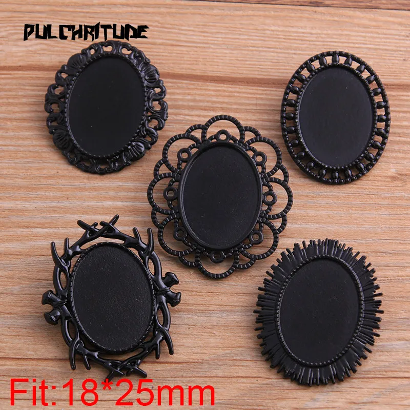 

2pcs 18*25mm Inner Size 2020 New Product Black Oval Hollow Brooch 5 Style Cabochon Base Setting Charms Pendant
