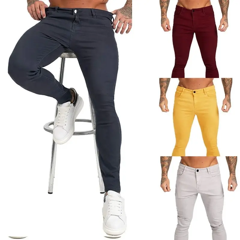 2020 Men's Stretch Skinny Solid Jeans 4 Color Casual Slim Fit Denim Trouser Male Yellow Red Gray Pants Trousers | Мужская одежда