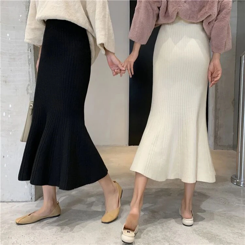 

Autumn and Winter Women's Chic Ruffled Slim High-Waisted Mermaid Skirt All-Match Solid Color Wrapped Hip Knitted Flared Skirt