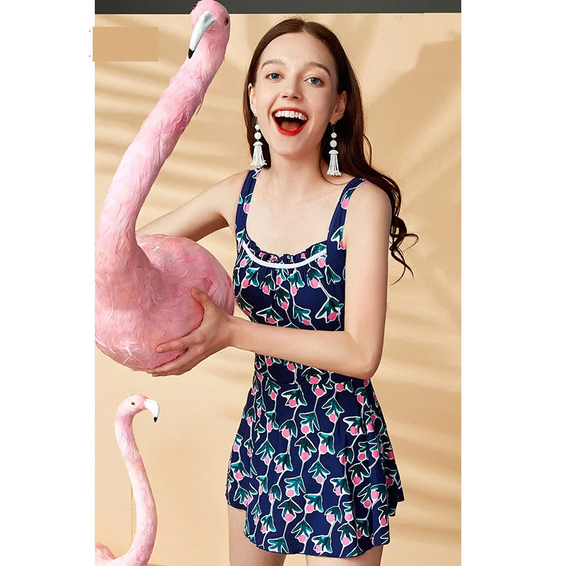 

2021 new swimsuit female Korean version conservative cover belly broken flower thin girl hot spring backless one-piece skirt