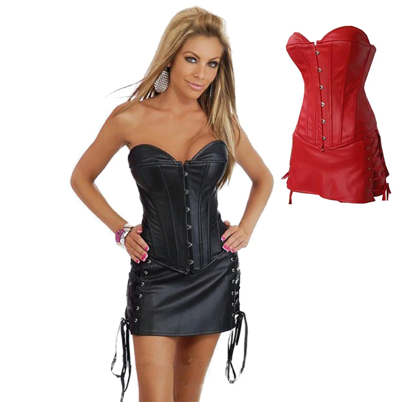 

Sexy Lady PU Steampunk Corset Bustier Mini Skirt Thong Fashion Plastic Bone Push Up Royal Court Vintage Costume