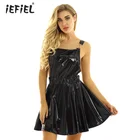 Женское блестящее платье iefiel в стиле панк, блестящее платье с металлическим эффектом, костюм для трансвеститов, комбинезон с подтяжками, ТРАПЕЦИЕВИДНОЕ короткое плиссированное платье