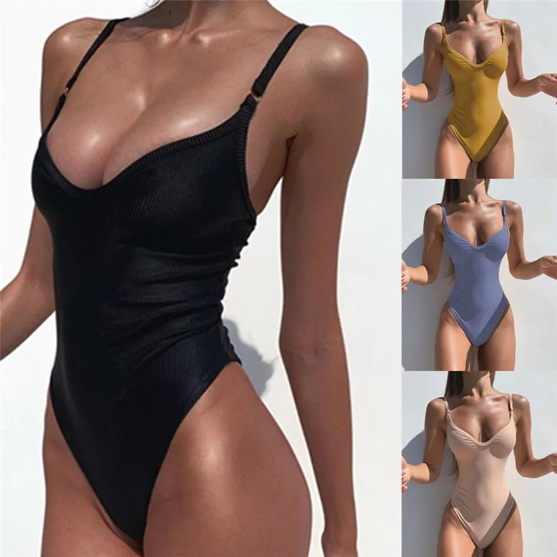 

Women One-Piece Suits Push-Up Padded Swimwear Swimsuit Bathing Solid Ladies Summer Beach V Neck Adjust Backless Sexy 2020