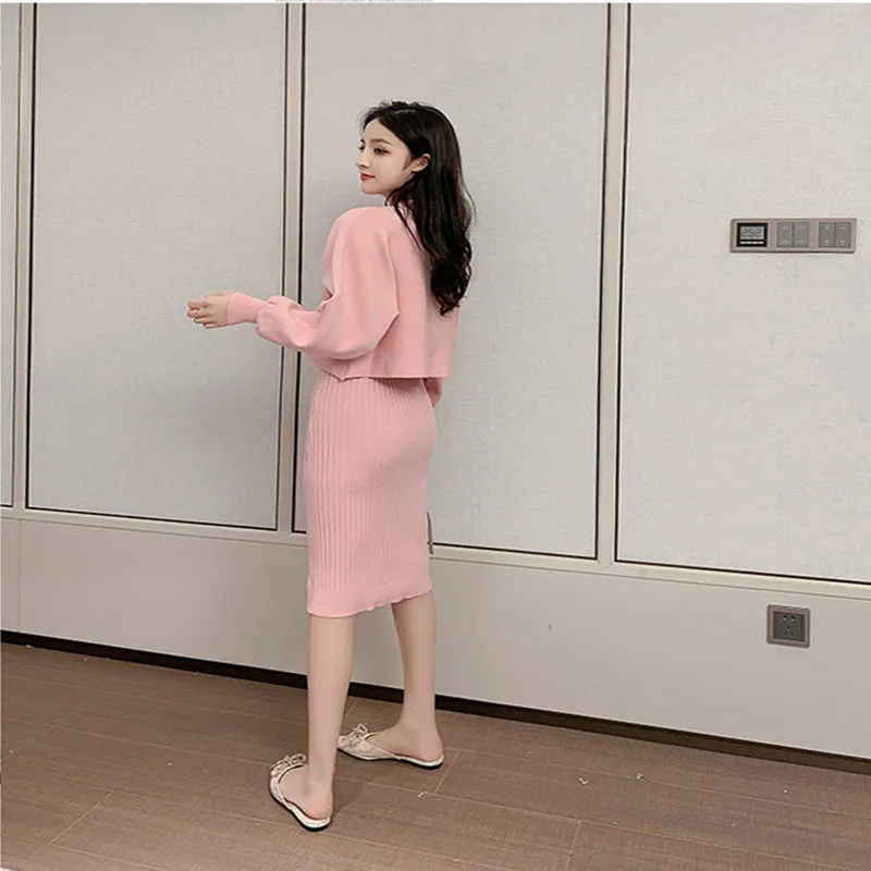 Женский трикотажный костюм-двойка Однотонный свитер и платье на бретельках