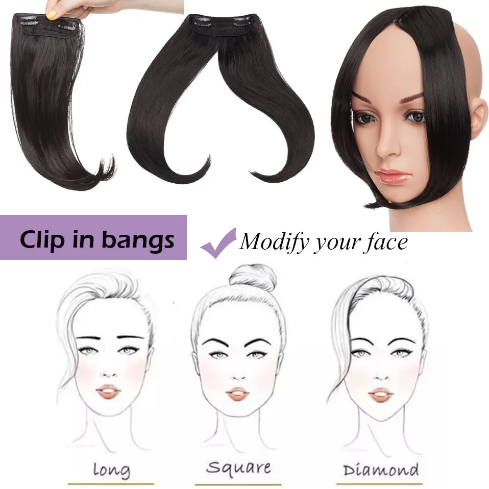 

S-noilite Fashion Long Clip In On Front Hair Bang Side Fringe Hair Extension Natural Synthetic Bangs Hair Piece For Women