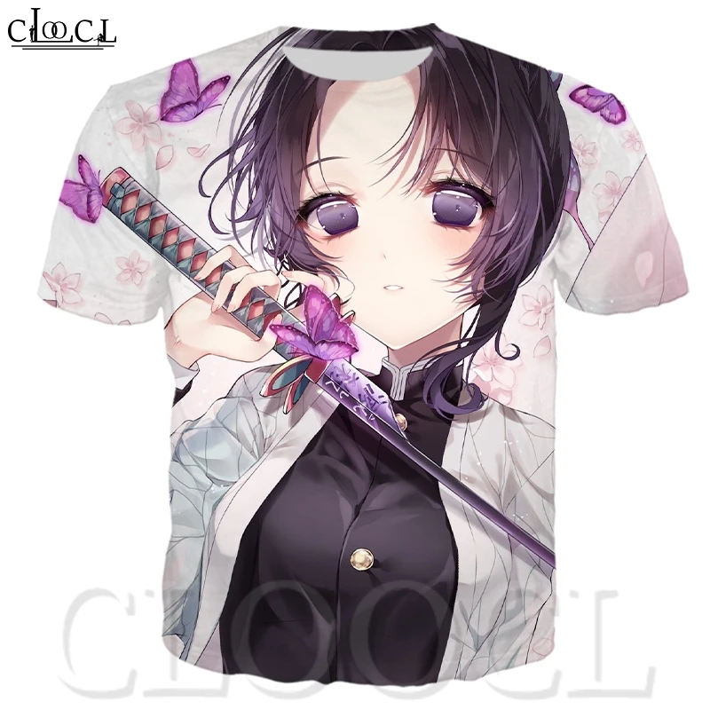 

Футболка CLOOCL Kimetsu No Yaiba Kochou Shinobu с японским аниме, футболка с коротким рукавом, мужские летние модные топы с 3D принтом рассеивателя демонов