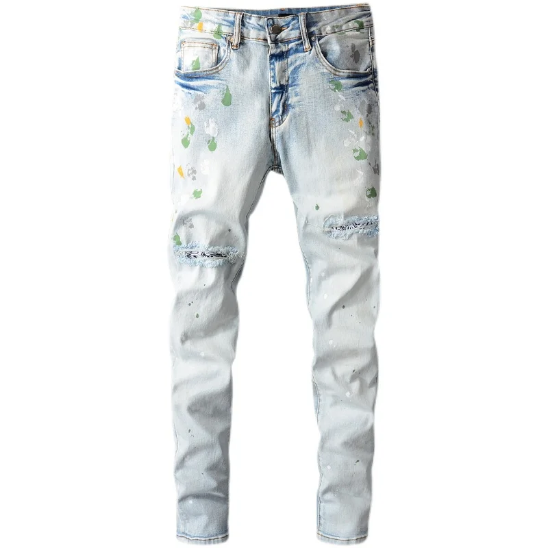 

New Men's High Street New Light Color Knife Cut Hole Jeans Male Paint Graffiti Trousers Personality Stretch Slim Denim Pants 685