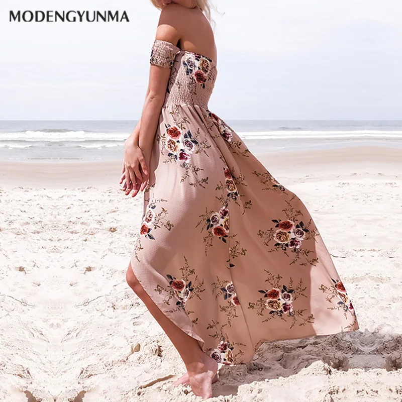 Женское длинное пляжное платье с открытыми плечами винтажное Шифоновое Платье