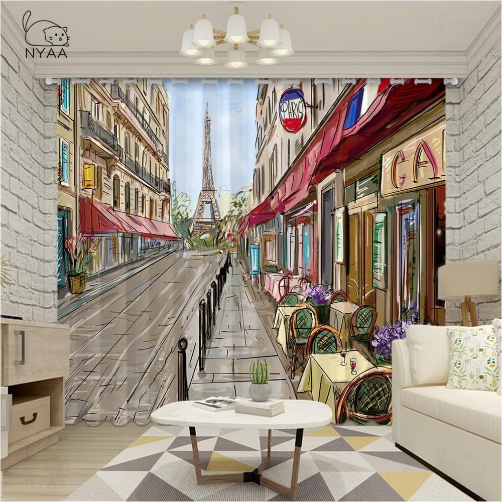 Парижская оконная занавеска улица в Париже городской трафик деревьев пейзаж