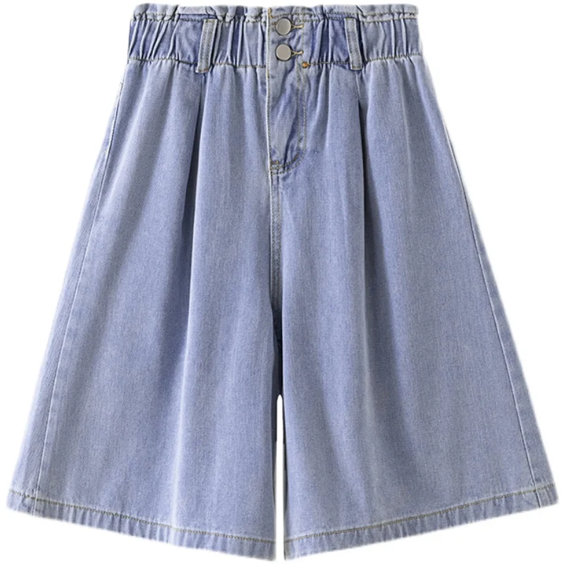 

Ladies Short Jeans Women's Wide Leg Elastic Waist Women Loose Casual Straight Denim Knee Length panty Vintage Plus Size