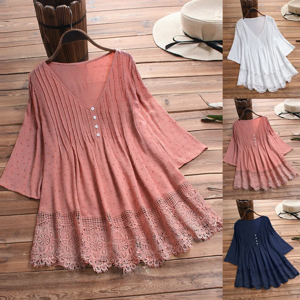 

Women Three Quarter Sleeve Lace V-Neck Buttons Skirt Vintage Jacquard Lace Blouse Solid Color Daily Casual Lovely Girls Top