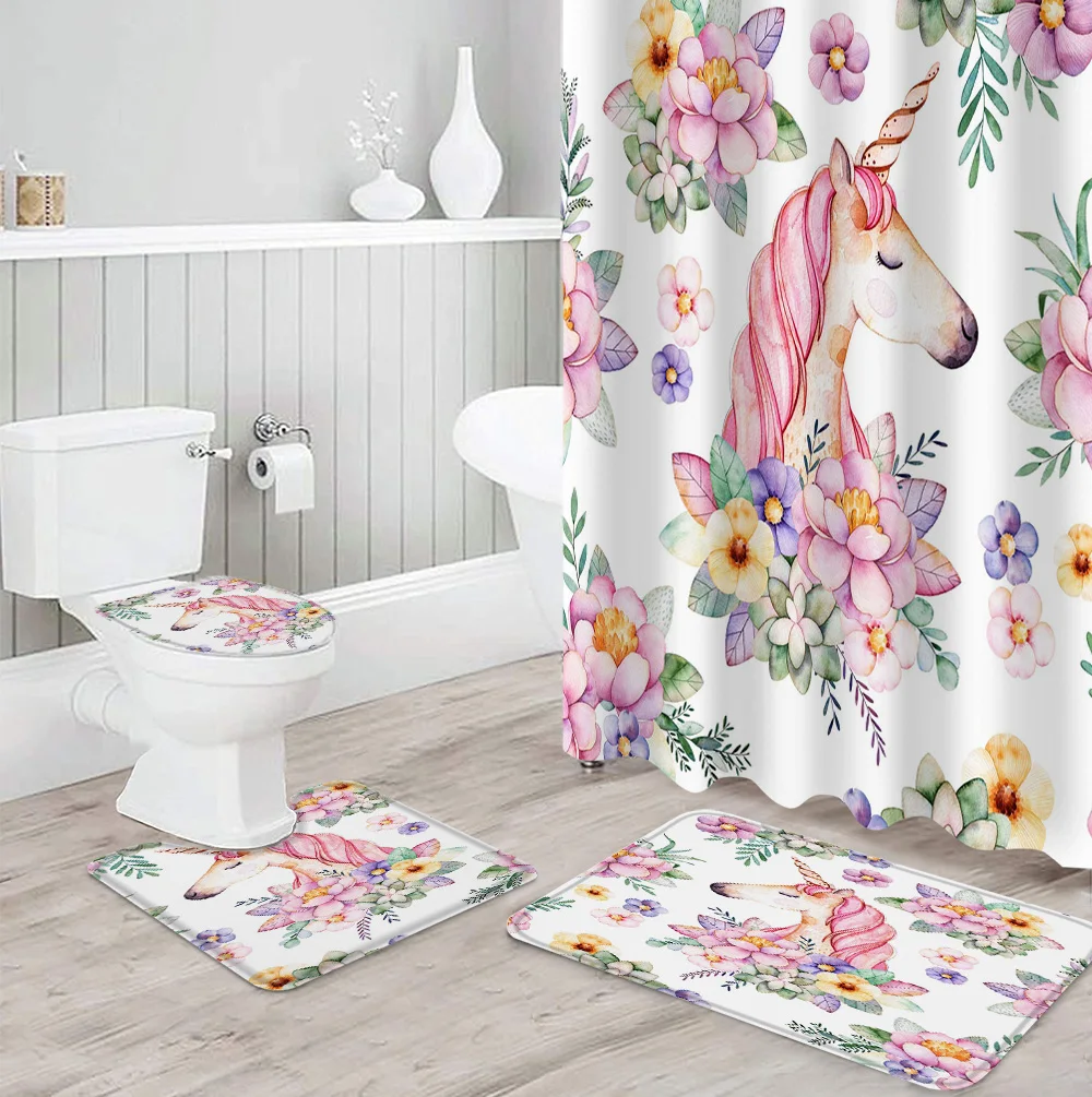 Занавеска для душа в ванную комнату с единорогом цветами зеленым розовым