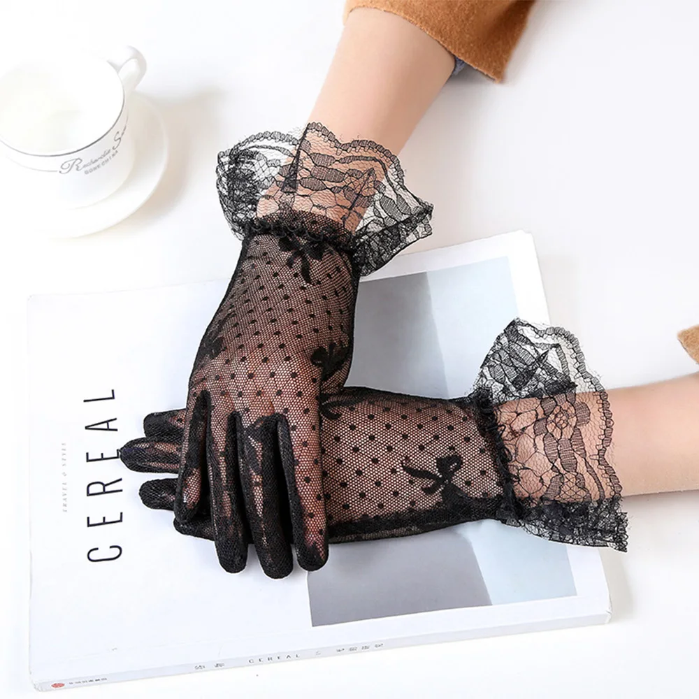

White Lace Bow Woman Gloves See Through Full Finger Short Gloves Cheap Fishnet Gothic Punk Black Mesh Gloves Sheer Tulle