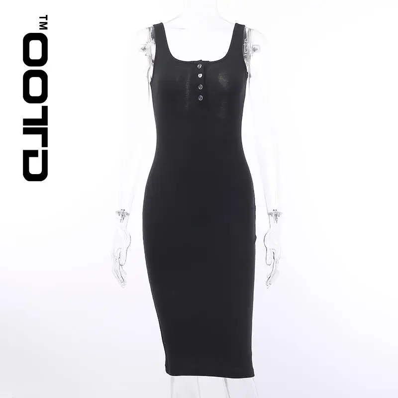 

OOTD Knee-Length Dress Knitted Elastic Sleeveless Bodycon Elegant Women 2021 Summer Sexy V-Neck Button Party Slim Dresses
