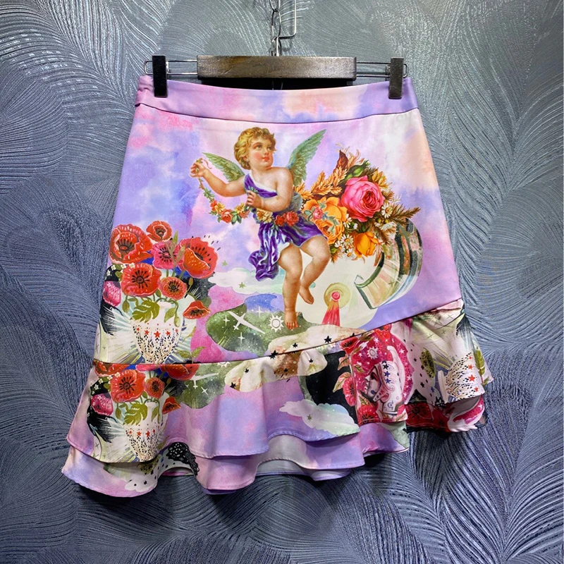 

Seifrmann Women Summer Fashion Designer2 PiecesSet Lantern Sleeve Bow Print Blouses + Ruffles Short Skirts TwoPiecesSuits