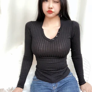 Футболка женская с V-образным вырезом, пикантная хлопковая рубашка на пуговицах, с длинным рукавом, белый топ в Корейском стиле, осень 2019