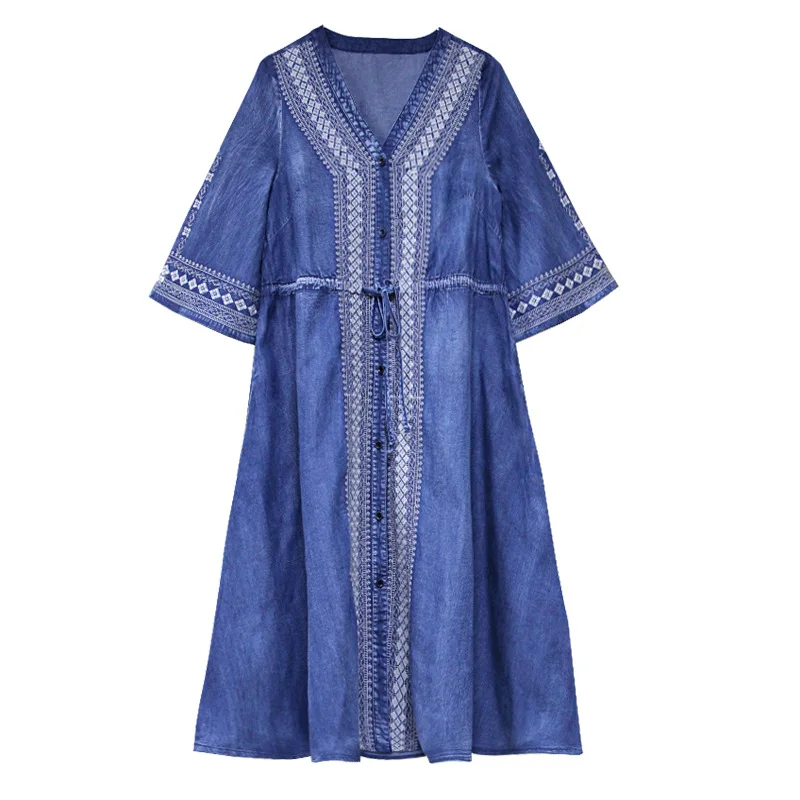 

Embroidery Plus Size Loose Denim Dresses for Women 2021 Spring V-neck Drawstring Half Sleeve Vestidos Vintage Elegant One Piece