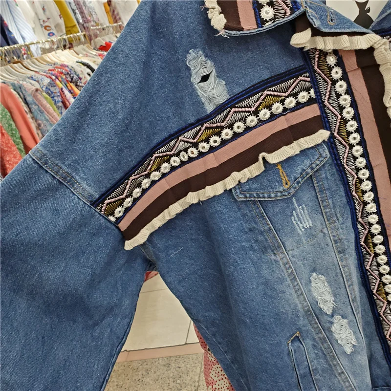 

Korean Loose Wood Ear Knitted Patchwork Denim Jacket Women Lapel Long Sleeve Spring Autumn 2021 Casual Jeans Jacket Female Coat