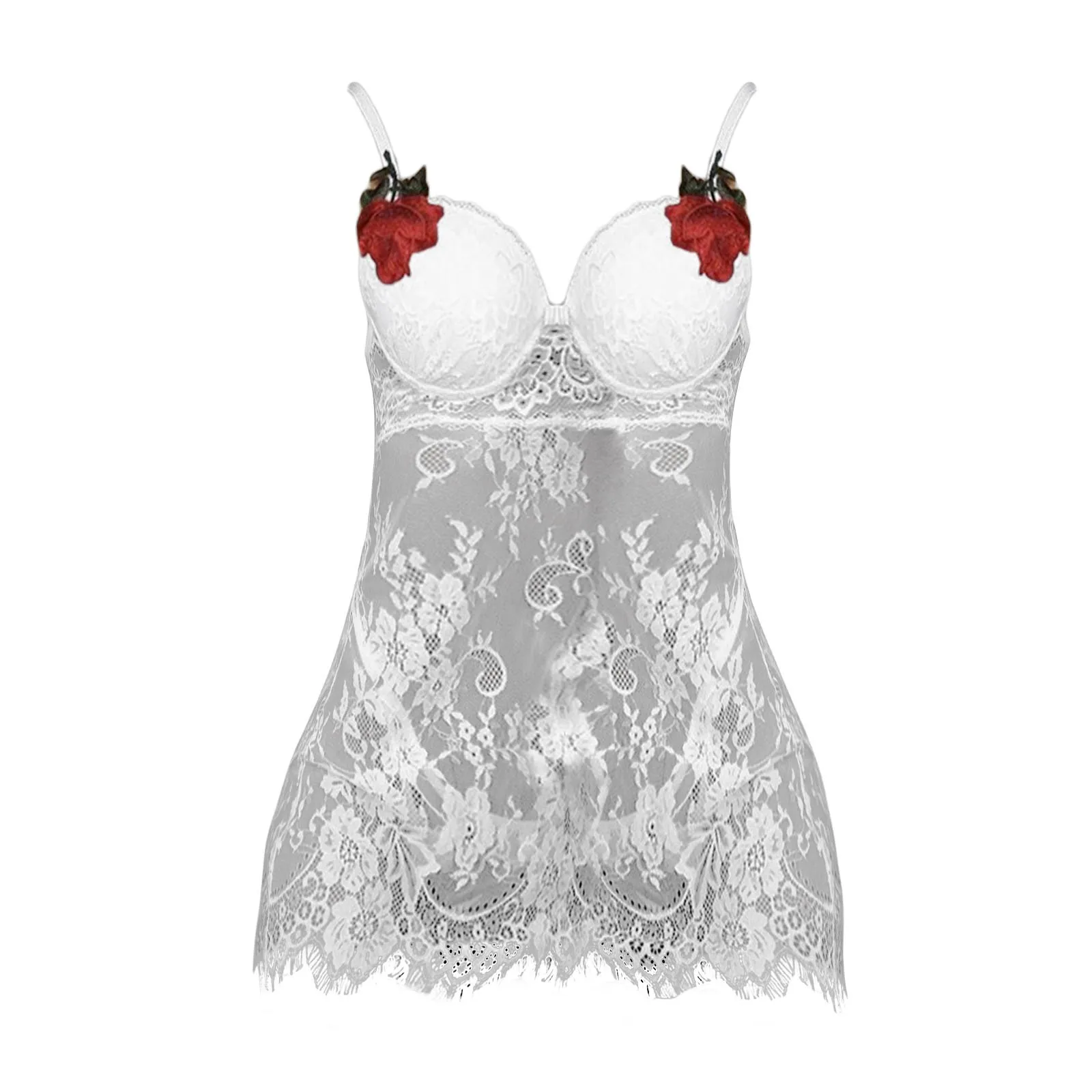 

New Embroidered Mesh Lace Hollow Out Cross Backless Babydoll Nightdress Pajamas Dress Women Sexy Cute Exotic Apparel A20