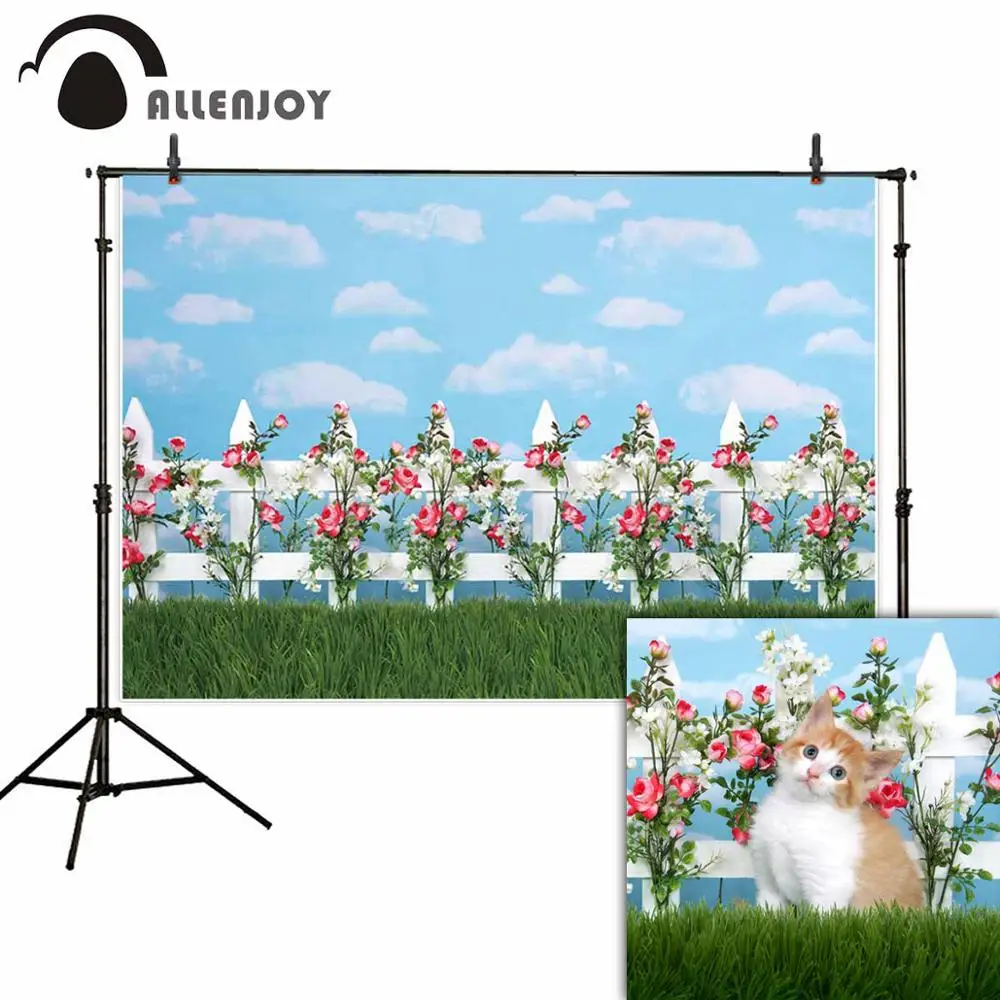 

Фон для фотосъемки Allenjoy с изображением облаков цветов травы забора весны Валентина свадьбы