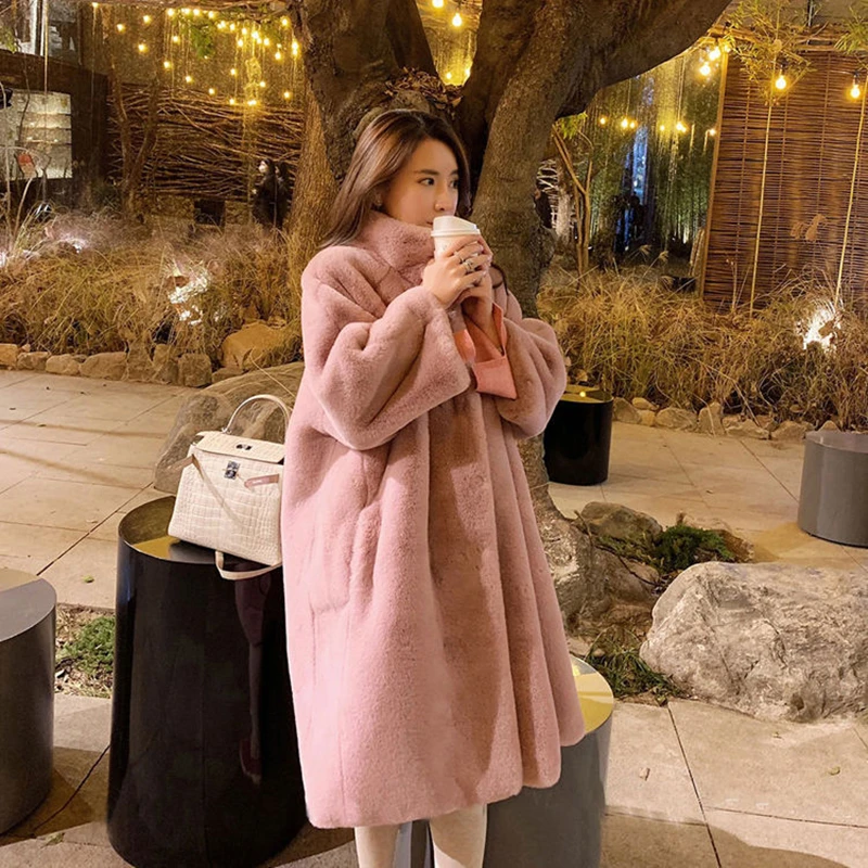 

2020 winter new imitation fur mink plush plush long coat stand-up collar over the knee thick loose fashion outer lady's fashion