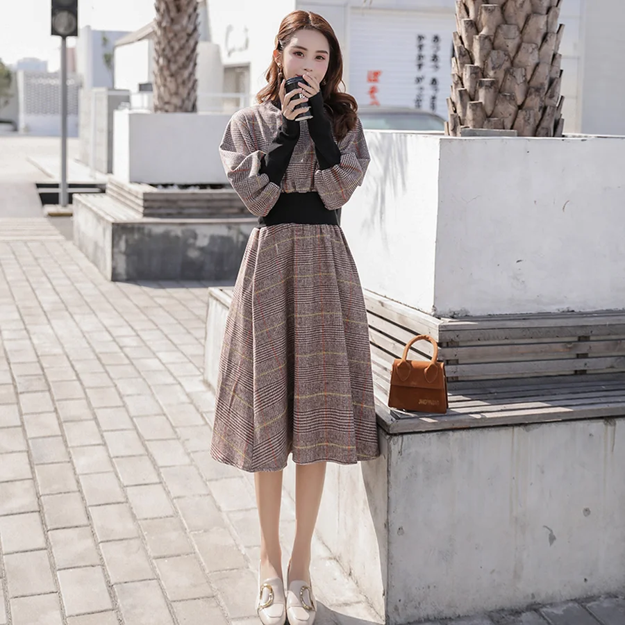 Длинное клетчатое платье в Корейском стиле на осень и зиму винтажное приталенное