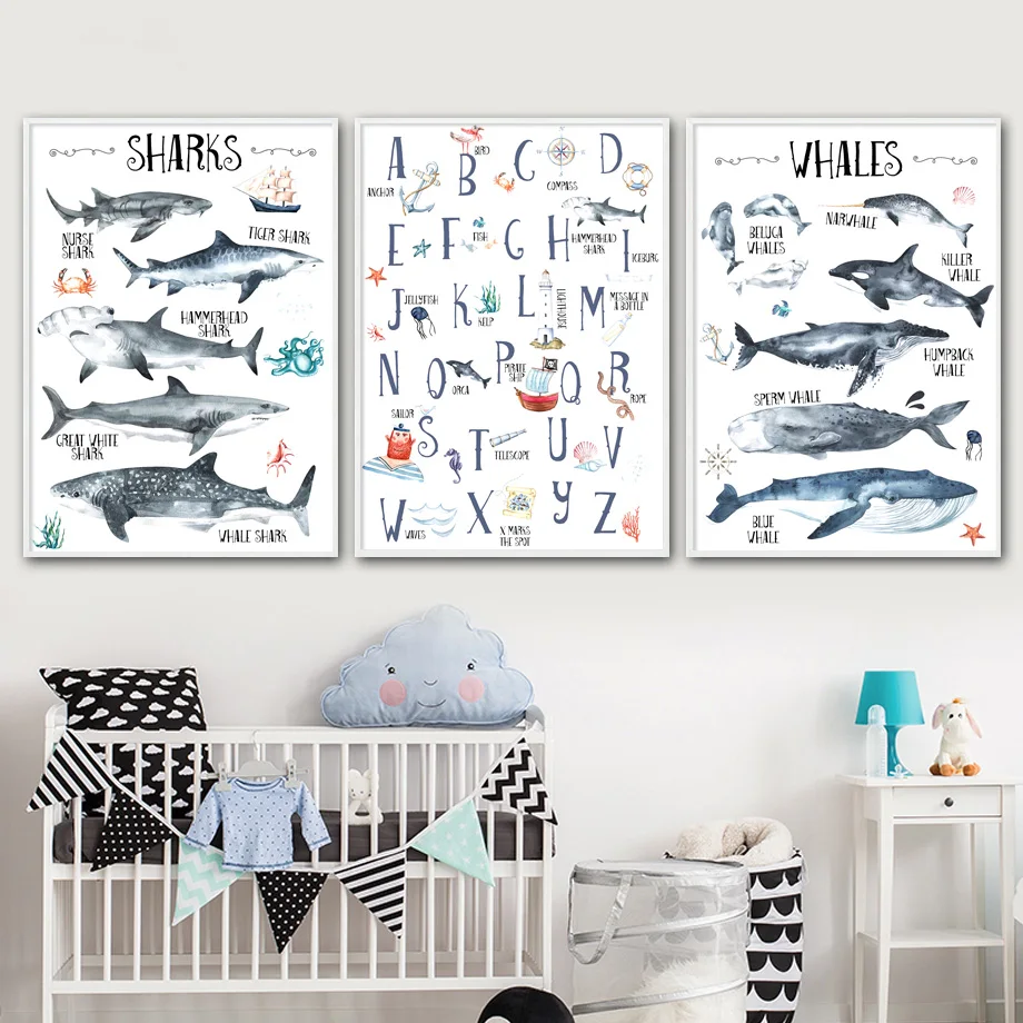 

Shark whale Alphabet Marine life Nursery Wall Art Canvas Painting Posters And Prints Wall Pictures For Baby Girl Boy Room Decor