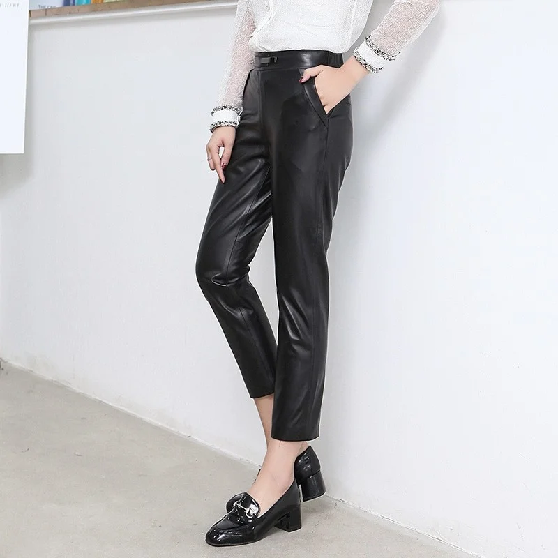 Women New Black Genuine Leather Real Lambskin Elastic Waist Pencil Pants Trousers Ankle Length Office Lady Pants Pantalon Femme