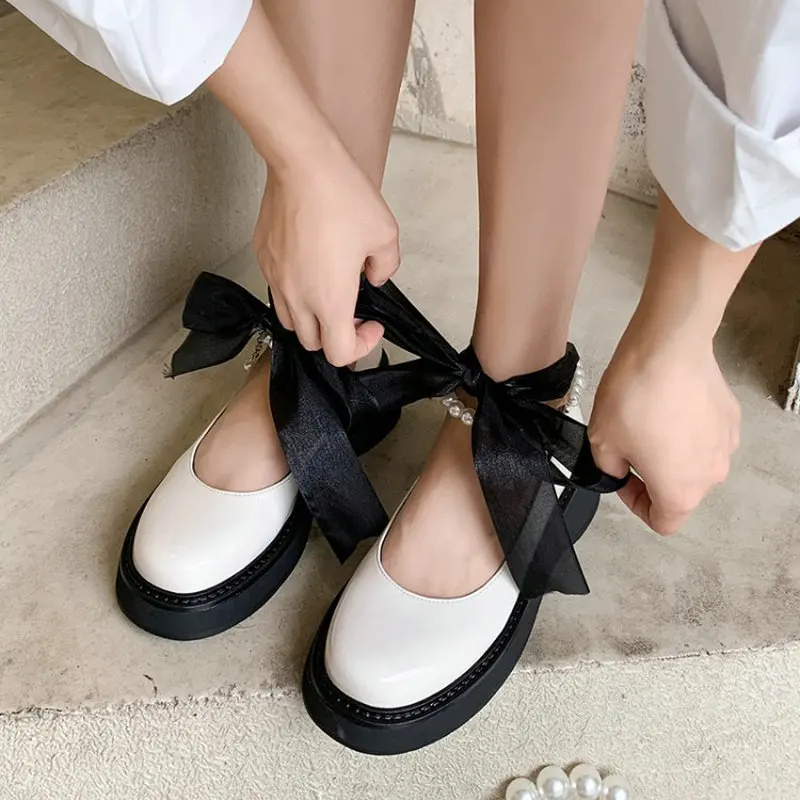 

ZawsThia 2021 Autumn Round Toe Cute Girls Shoes Japanse Lolita Thick Sole Ribbon Ankle Tie Pearl Women Mary Janes Platform Flats