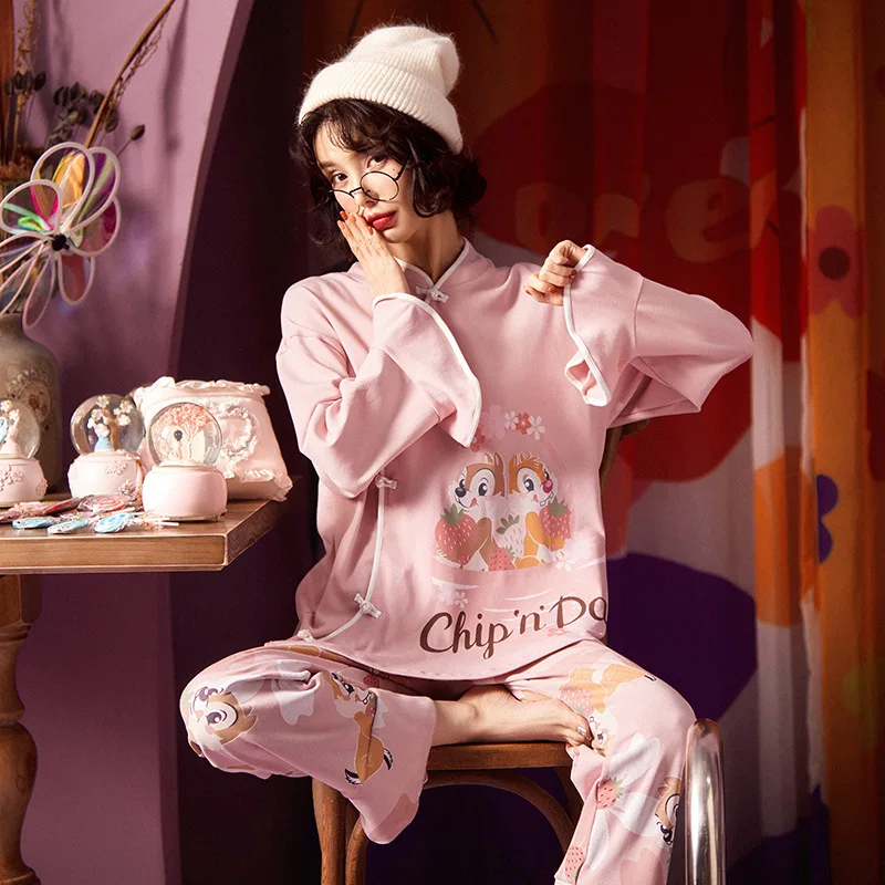 

Disney Chip 'n' Dale Pajamas Women's Spring and Autumn 100% Pure Cotton Long Sleeve Suit Casual Retro Chinese Style Homewear