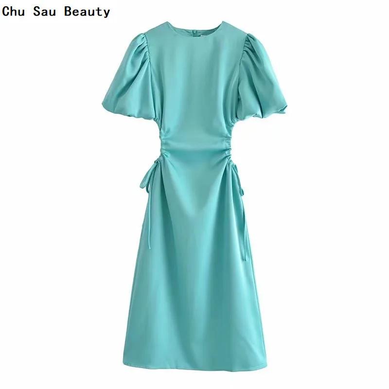 

2021 Women's New Sky Blue Fashion Open Waist French Puff Sleeve Retro Sexy Design Midi Dress Summer Beach Party Elegant Robe