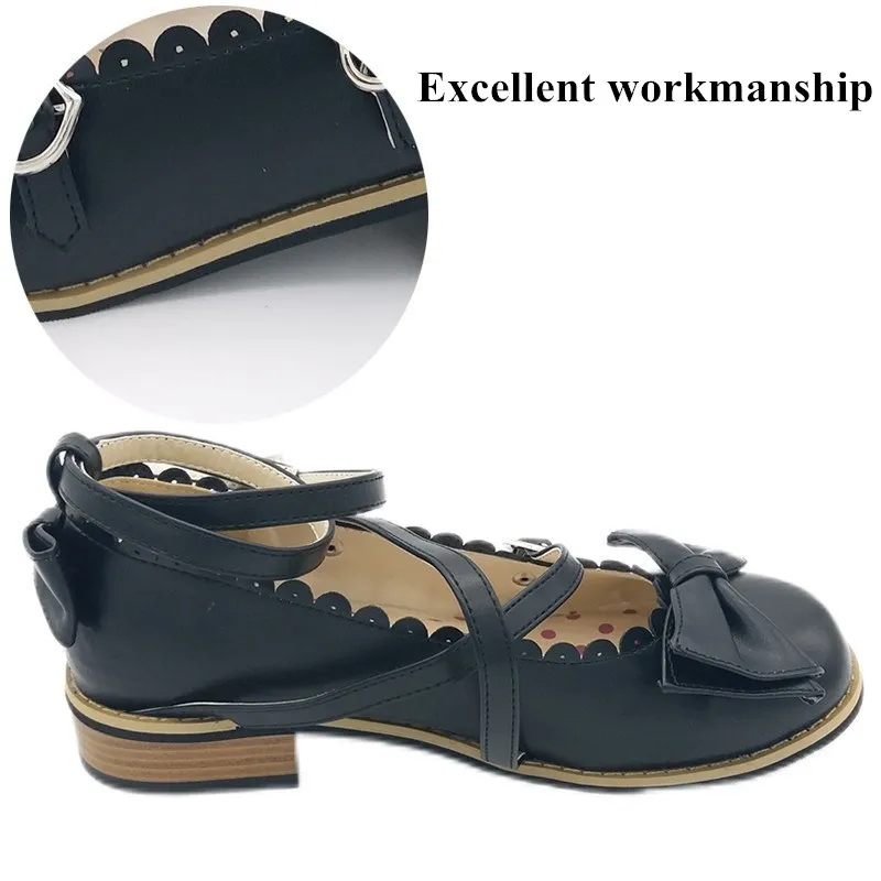 Lovely Women Round Toe Lolita Pumps Japanese Ankle Strap Low Heels Leather Pumps Sweet Bowtie Princess Party Shoes Plus Size 42