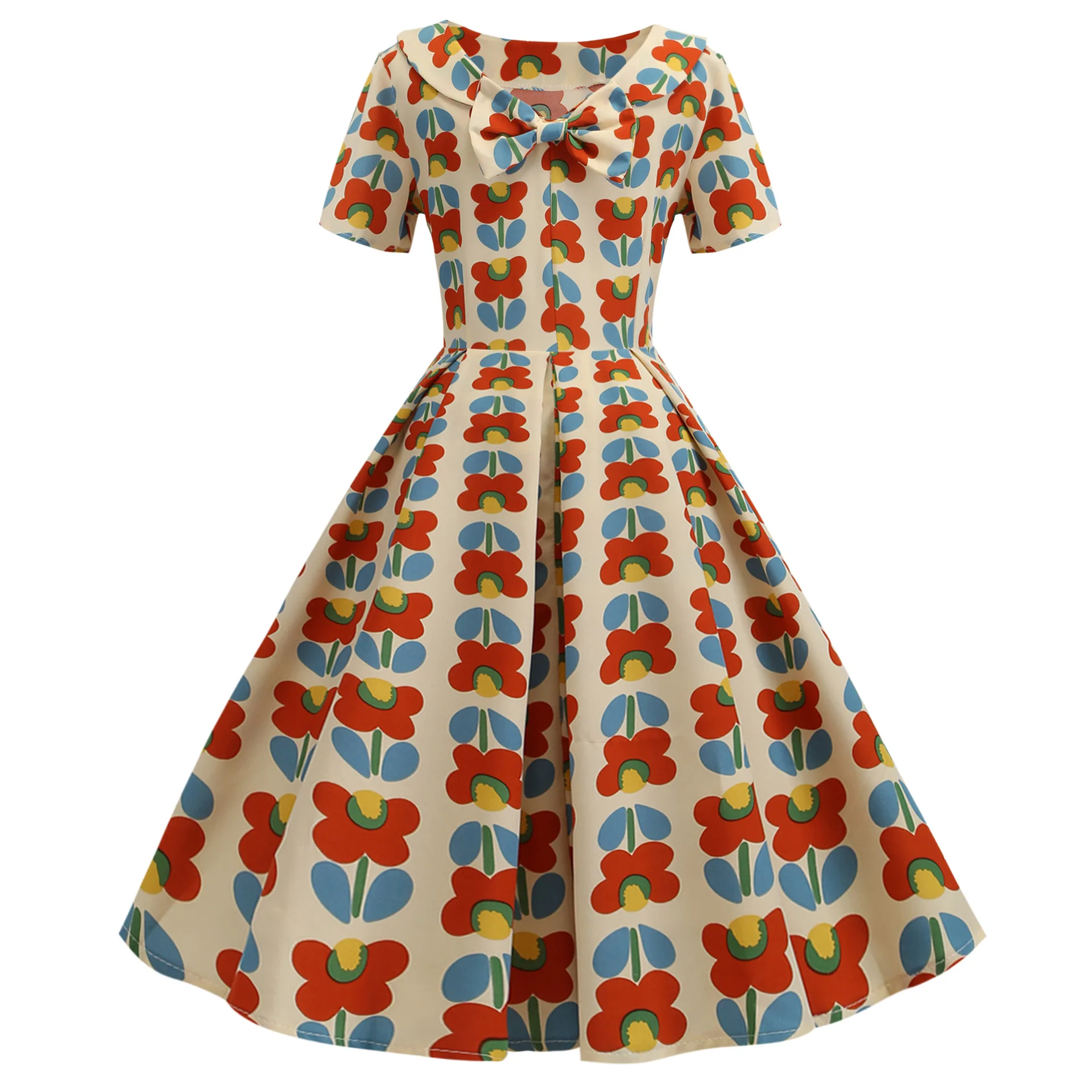 

2020 New Summer Retro Print Big Swing Temperament Dress Round Neck Short Sleeve Bow Dress Mid-Waist Fashion Elegant Dress
