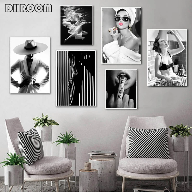 

Fashion Wall Art Black White Underwater Woman Print Sexy Female Poster Canvas Art Beauty Wall Picture Painting Modern Home Decor