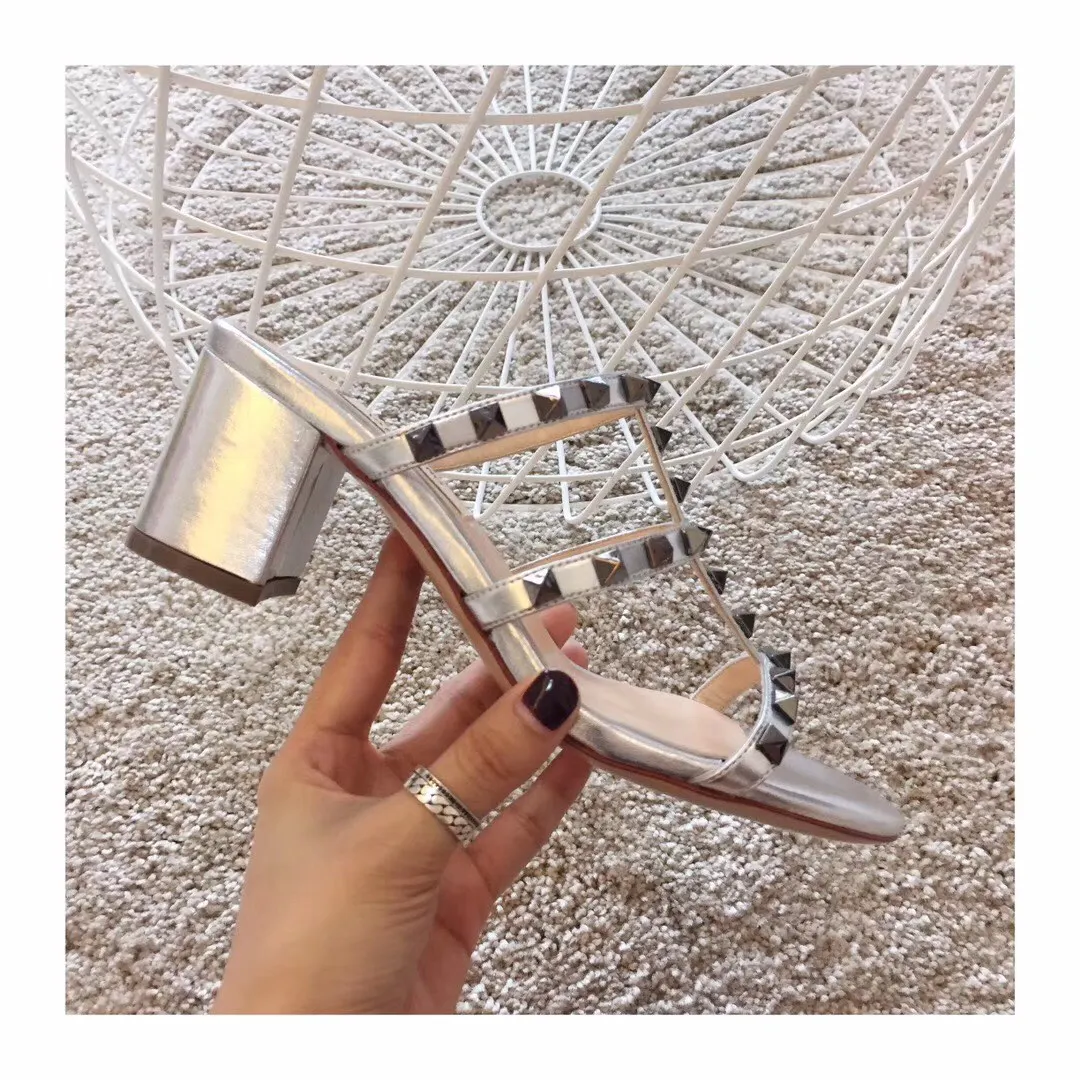 

Women Classics Summer Luxury Shoes Heel Sandals Famous Designer Top Quality Genuine Leather T-strap Rivet Ladies Party Slippers