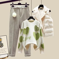autumn winter new warm sweater 3 piece set women korean fashion sweet heart shaped beaded sweater lamb wool vest pants suits
