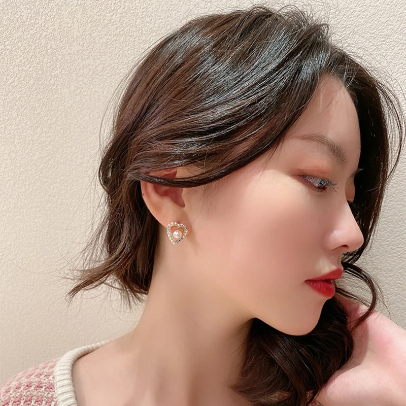 

MENGJIQIAO Korean Cute Fashion Colorful Rhonestone Heart Stud Earrings For Women Girls Elegant Pearl Boucle D'oreille Jewelry