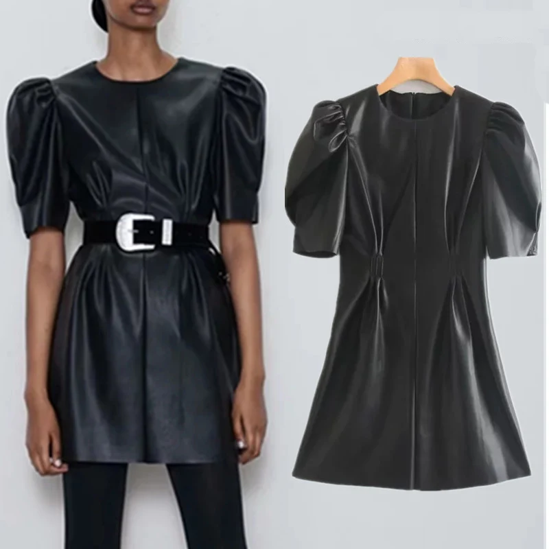 Осеннее кожаное платье для женщин уличный винтажный буф с рукавами и круглым