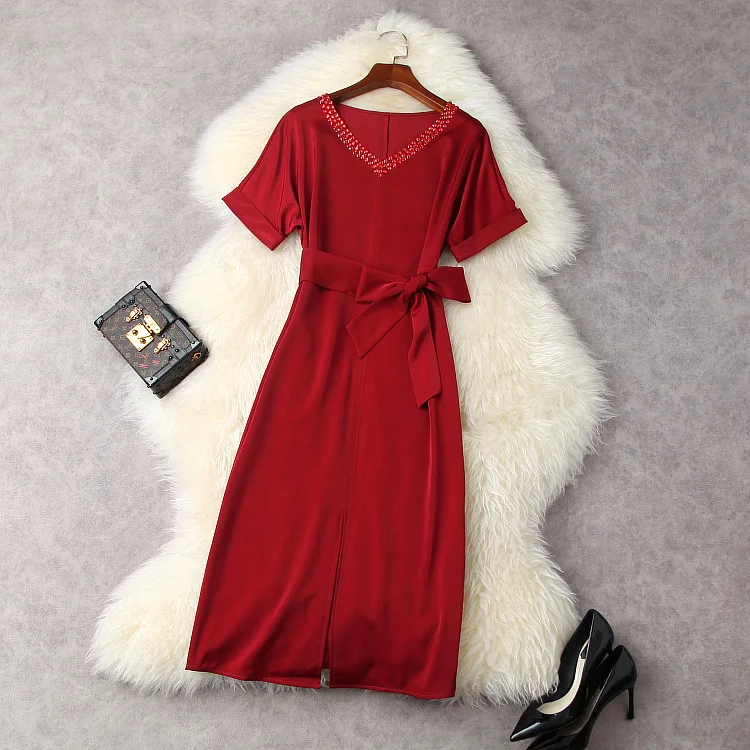 

European and American women's wear for summer 2021 Short sleeve staple drill V-neck lace-up Fashion dress with slit