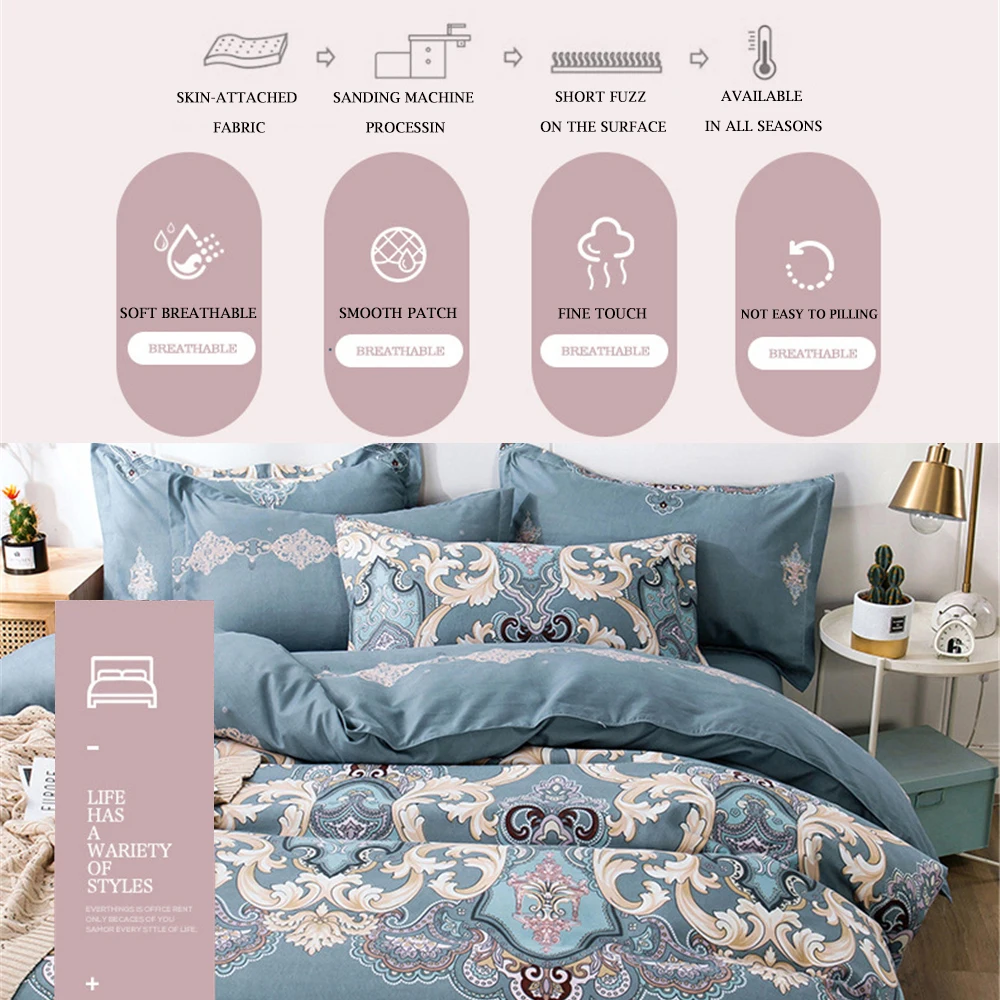 ESKIMO 4pcs European Style Bed Linens Soft Breathable Quilt Sheet Pillow Cover High Quality No Fading Bedding Set for All Season | Дом и сад