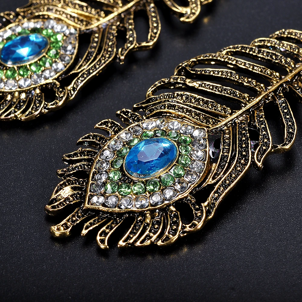 

Vintage Ethnic Blue Rhinestone Gold Peacock Eye Drop Earrings for Women Dangle Earrings Boho Luxurious Monet Jewelry Accessories