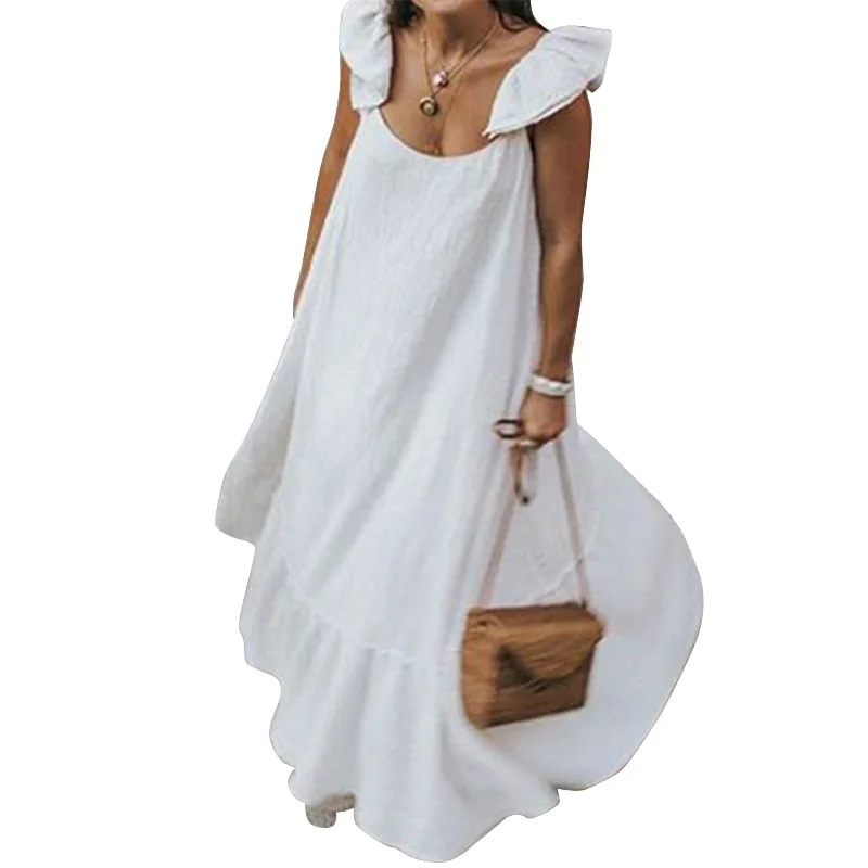 

XUXI 2020 Summer Women Dress Sexy Flounced Casual Fashion Loose Solid Color Dresses Pleated Large Size Floor-Length FZ3258